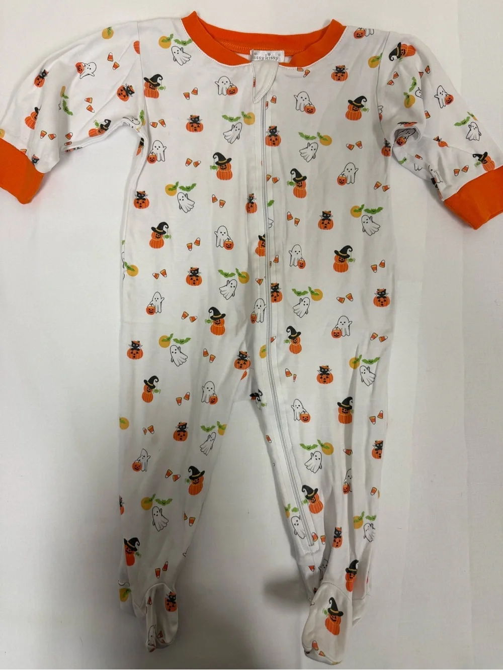 Kissy Kissy White Footed One-Piece with Orange Trim & Halloween Print